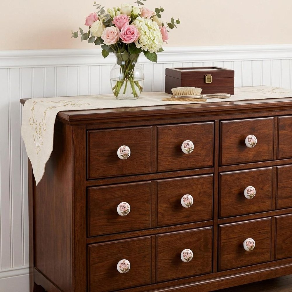 Set of Twelve Pink And White Floral Ceramic Drawer Pull Knobs HomeRoots