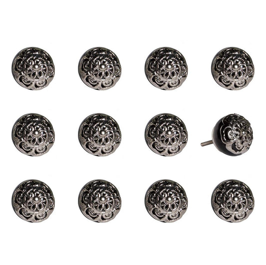 Set of Twelve Black And Silver Ceramic Filigree Floral Drawer Pull Knobs HomeRoots