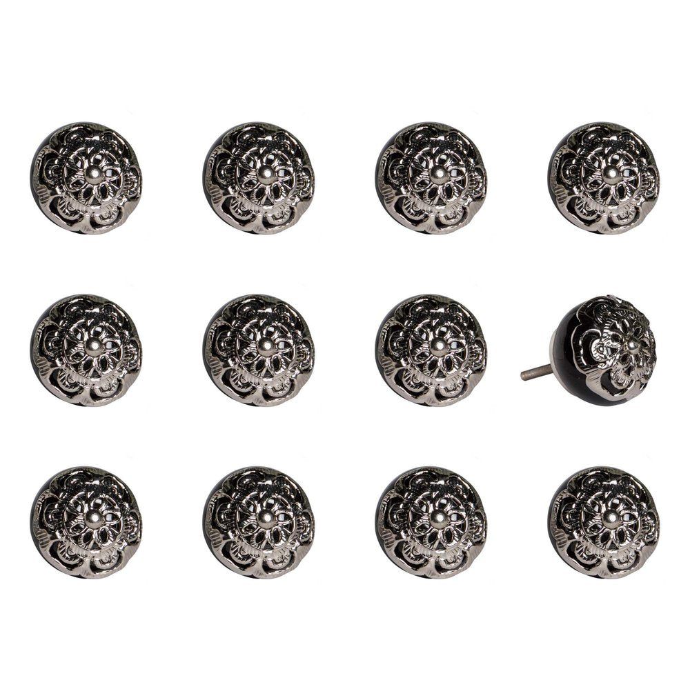 Set of Twelve Black And Silver Ceramic Filigree Floral Drawer Pull Knobs HomeRoots