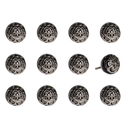 Set of Twelve Black And Silver Ceramic Filigree Floral Drawer Pull Knobs HomeRoots
