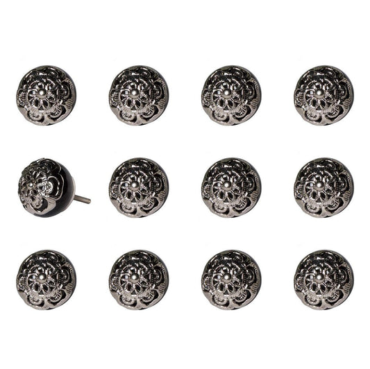 Set of Twelve Black And Silver Ceramic Filigree Floral Drawer Pull Knobs HomeRoots