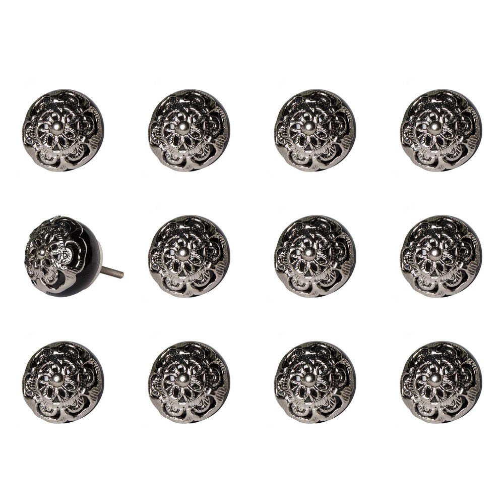 Set of Twelve Black And Silver Ceramic Filigree Floral Drawer Pull Knobs HomeRoots