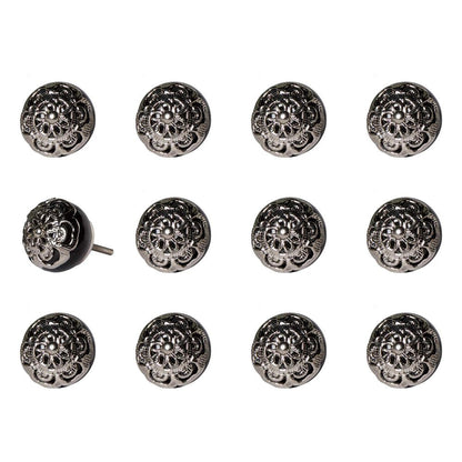 Set of Twelve Black And Silver Ceramic Filigree Floral Drawer Pull Knobs HomeRoots