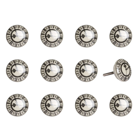 Set of Twelve Black And Gray Clock Face Ceramic Drawer Pull Knobs HomeRoots
