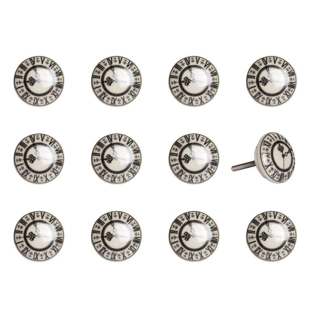 Set of Twelve Black And Gray Clock Face Ceramic Drawer Pull Knobs HomeRoots