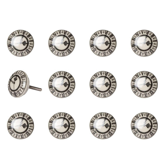 Set of Twelve Black And Gray Clock Face Ceramic Drawer Pull Knobs HomeRoots