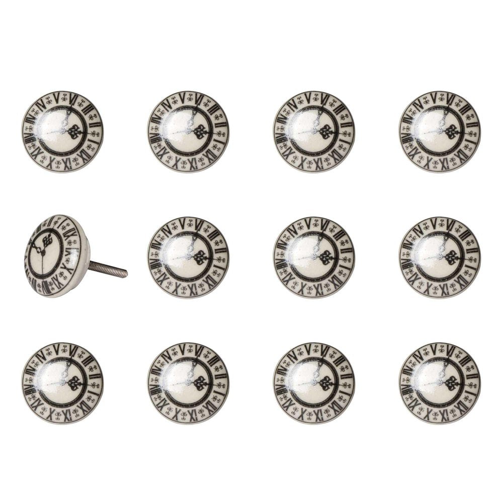 Set of Twelve Black And Gray Clock Face Ceramic Drawer Pull Knobs HomeRoots