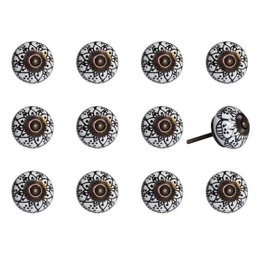 Set of Twelve Black And White Floral Ceramic Drawer Pull Knobs HomeRoots