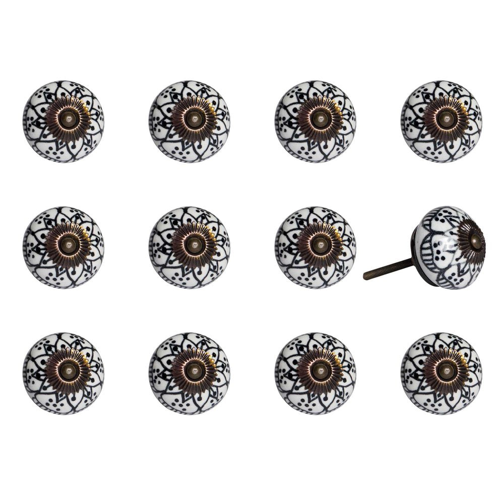 Set of Twelve Black And White Floral Ceramic Drawer Pull Knobs HomeRoots