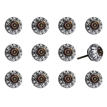 Set of Twelve Black And White Floral Ceramic Drawer Pull Knobs HomeRoots