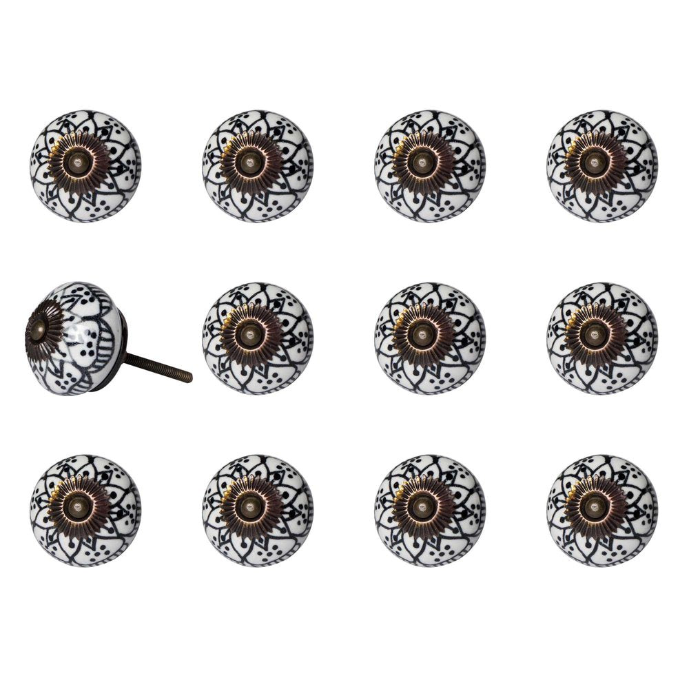 Set of Twelve Black And White Floral Ceramic Drawer Pull Knobs HomeRoots