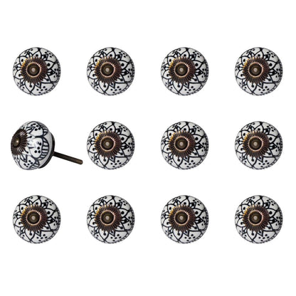 Set of Twelve Black And White Floral Ceramic Drawer Pull Knobs HomeRoots