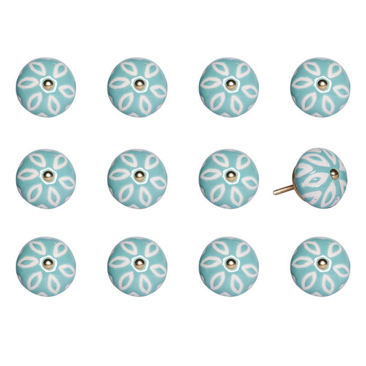 Set of Twelve Aqua And White Geometric Ceramic Drawer Pull Knobs HomeRoots
