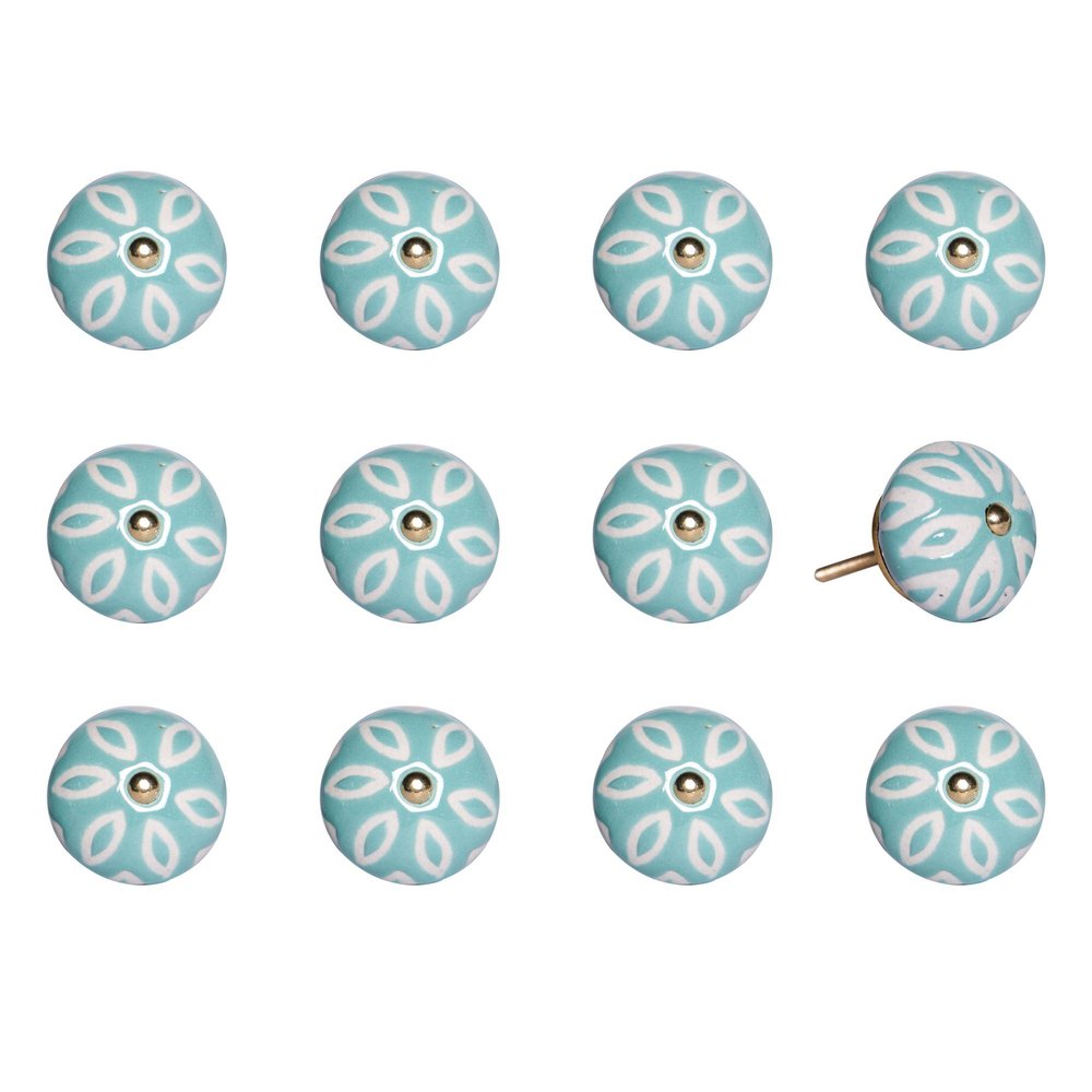 Set of Twelve Aqua And White Geometric Ceramic Drawer Pull Knobs HomeRoots