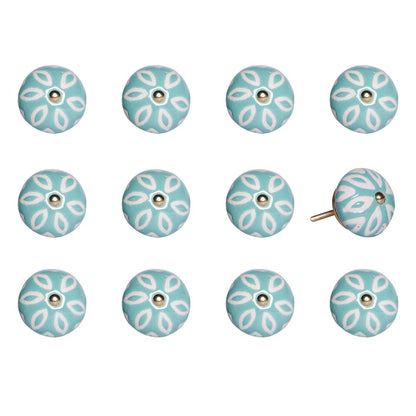 Set of Twelve Aqua And White Geometric Ceramic Drawer Pull Knobs HomeRoots