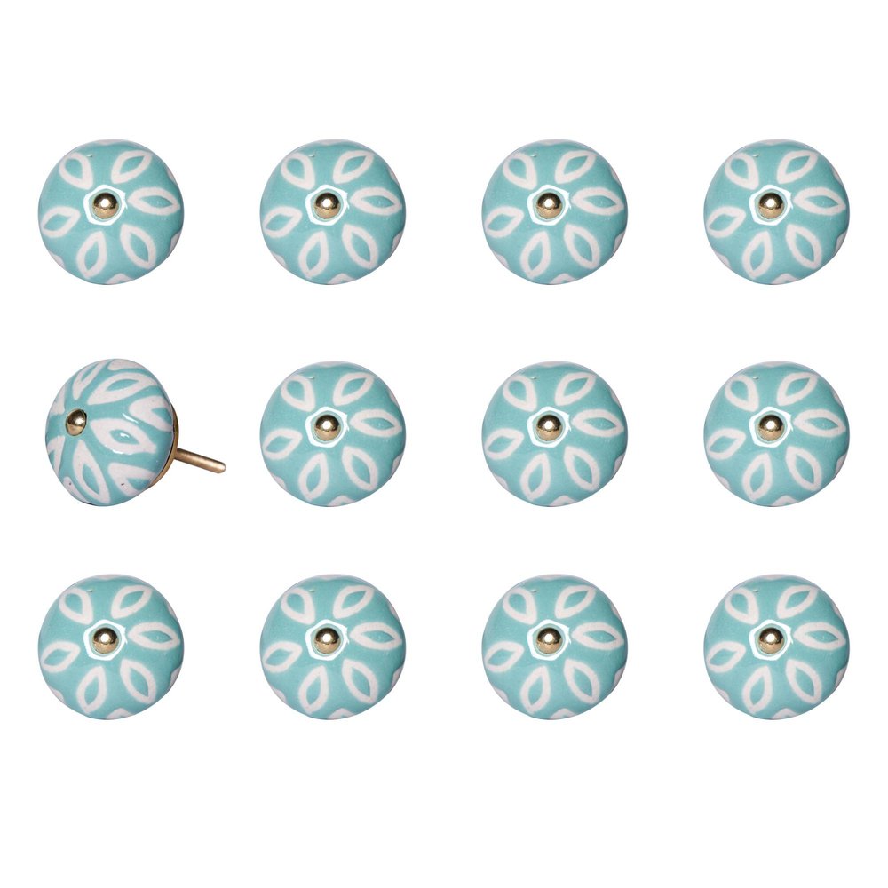 Set of Twelve Aqua And White Geometric Ceramic Drawer Pull Knobs HomeRoots