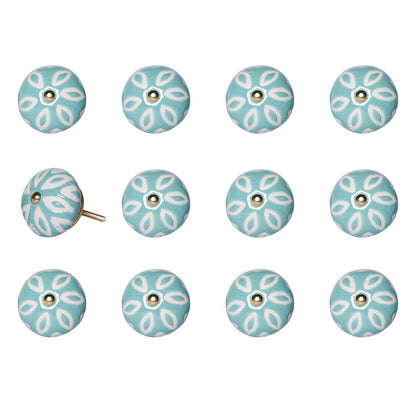 Set of Twelve Aqua And White Geometric Ceramic Drawer Pull Knobs HomeRoots