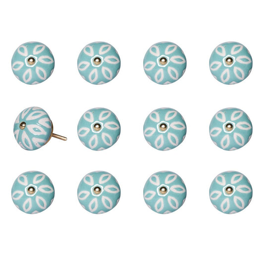 Set of Twelve Aqua And White Geometric Ceramic Drawer Pull Knobs HomeRoots