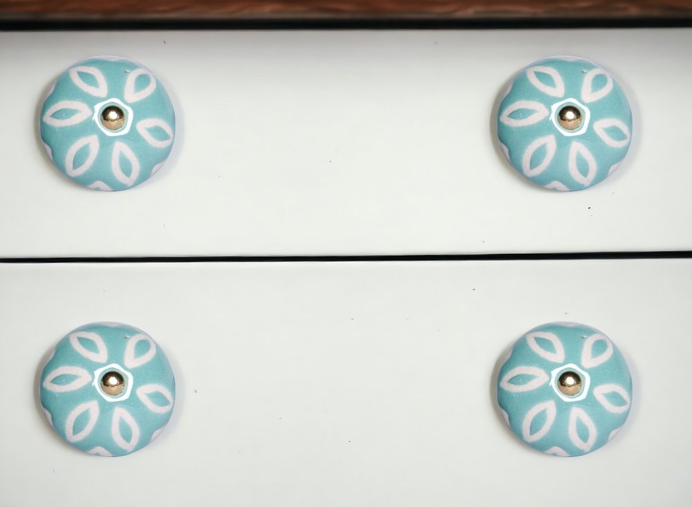 Set of Twelve Aqua And White Geometric Ceramic Drawer Pull Knobs HomeRoots
