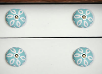 Set of Twelve Aqua And White Geometric Ceramic Drawer Pull Knobs HomeRoots