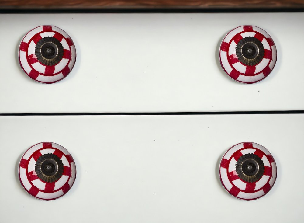 Set of Twelve Red And White Geometric Ceramic Drawer Pull Knobs HomeRoots