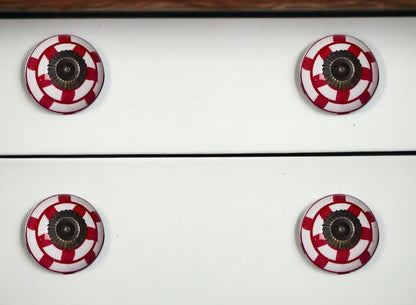 Set of Twelve Red And White Geometric Ceramic Drawer Pull Knobs HomeRoots