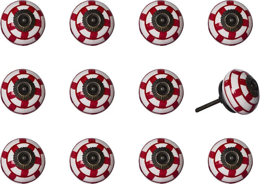 Set of Twelve Red And White Geometric Ceramic Drawer Pull Knobs HomeRoots