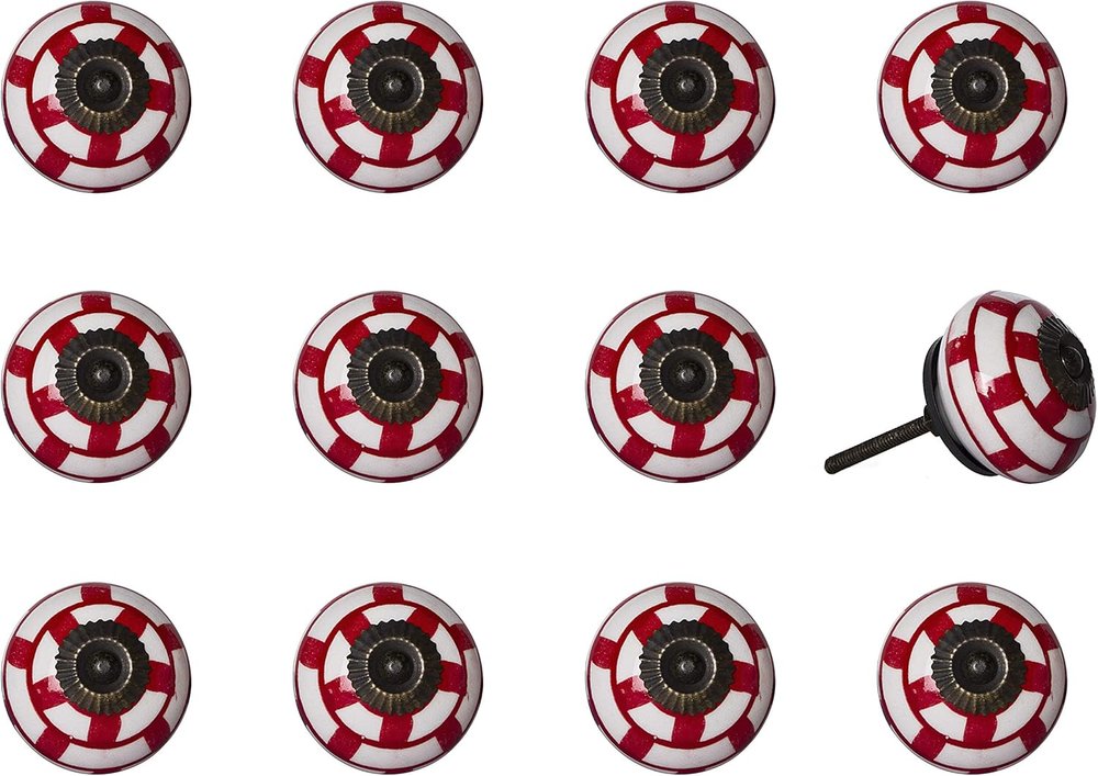 Set of Twelve Red And White Geometric Ceramic Drawer Pull Knobs HomeRoots
