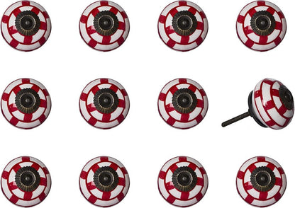 Set of Twelve Red And White Geometric Ceramic Drawer Pull Knobs HomeRoots