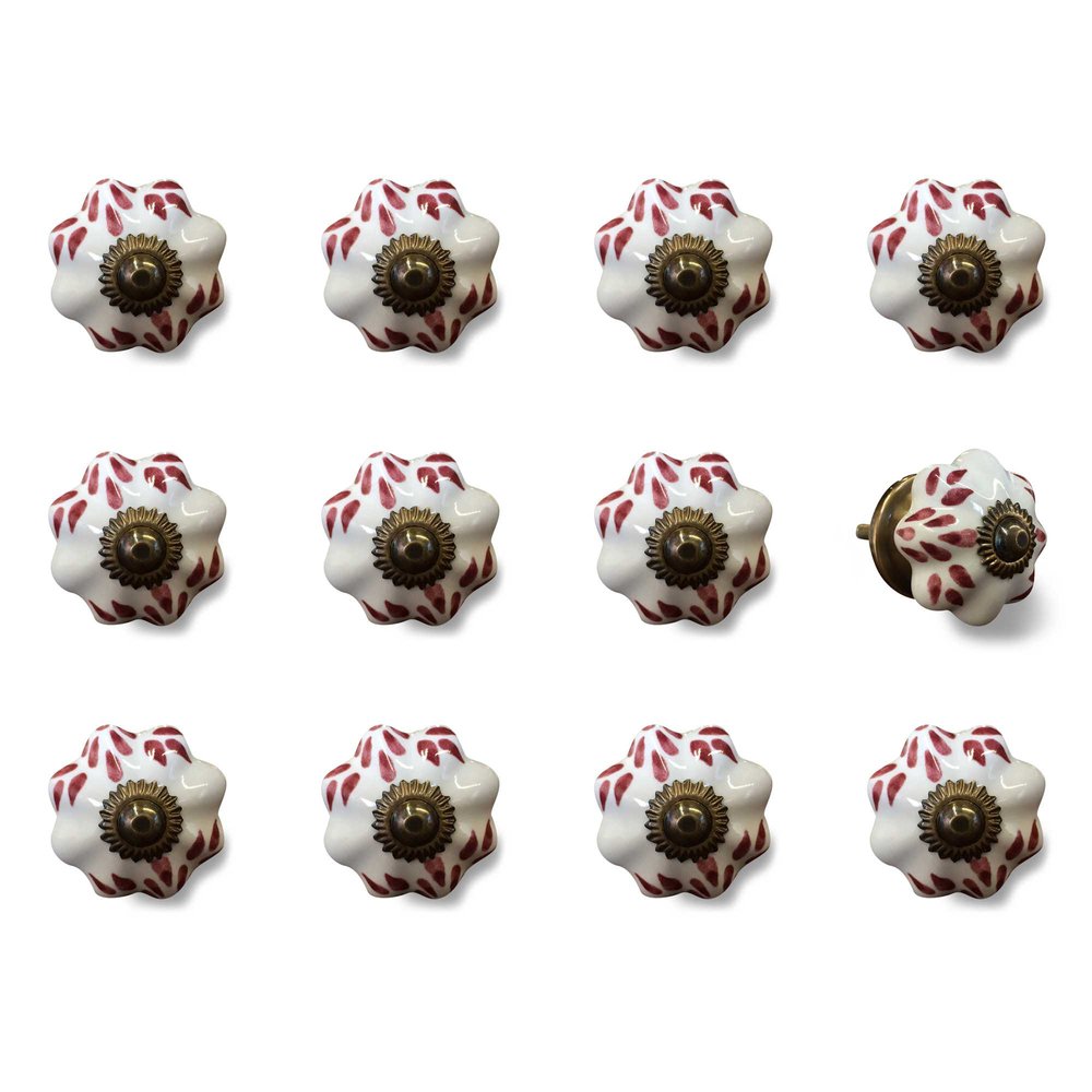 Set of Twelve Burgundy White And Copper Floral Ceramic Drawer Pull Knobs HomeRoots