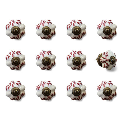 Set of Twelve Burgundy White And Copper Floral Ceramic Drawer Pull Knobs HomeRoots