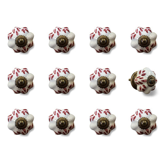 Set of Twelve Burgundy White And Copper Floral Ceramic Drawer Pull Knobs HomeRoots