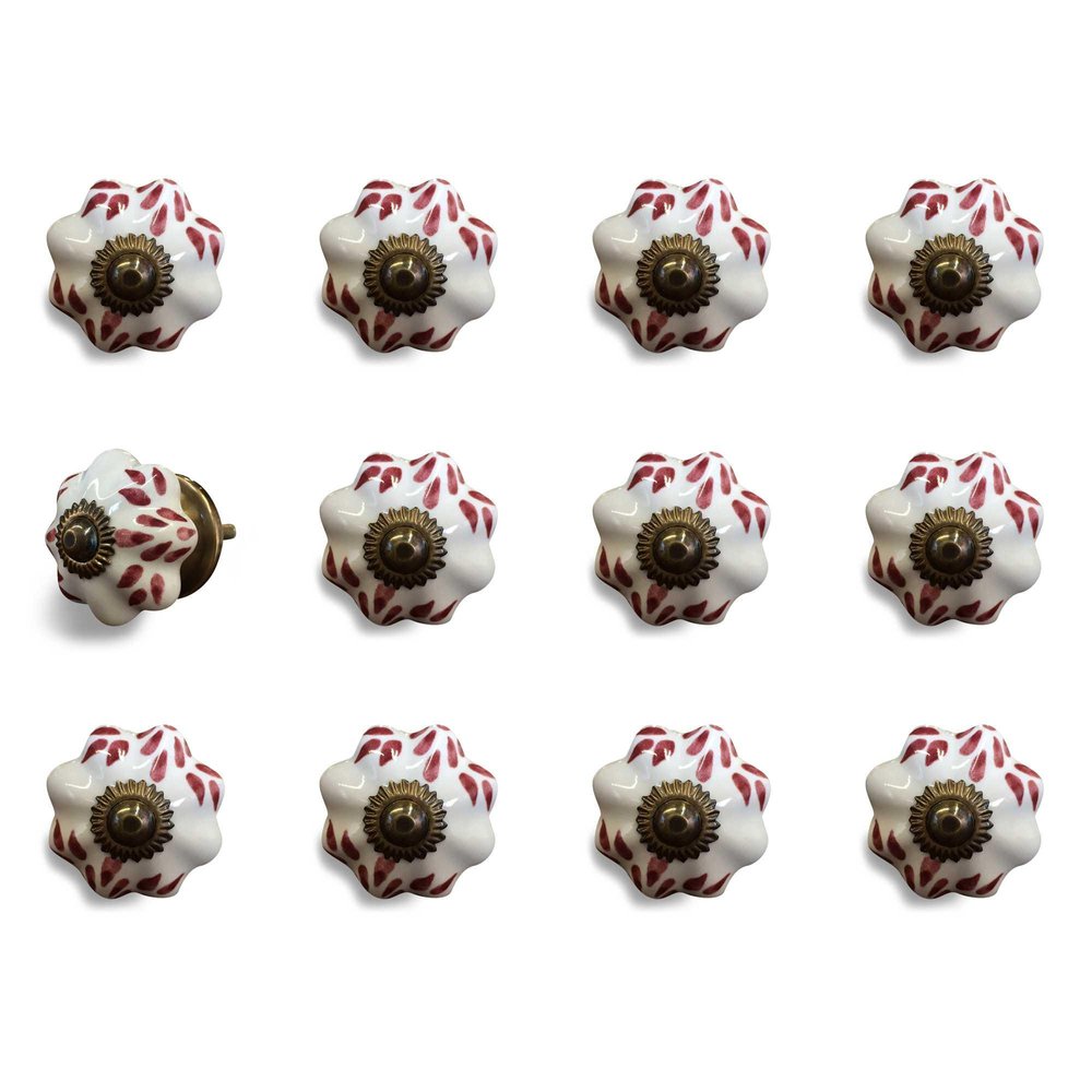 Set of Twelve Burgundy White And Copper Floral Ceramic Drawer Pull Knobs HomeRoots