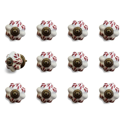 Set of Twelve Burgundy White And Copper Floral Ceramic Drawer Pull Knobs HomeRoots