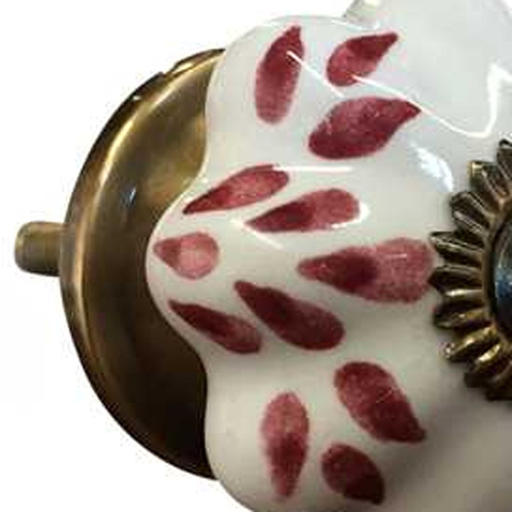 Set of Twelve Burgundy White And Copper Floral Ceramic Drawer Pull Knobs HomeRoots