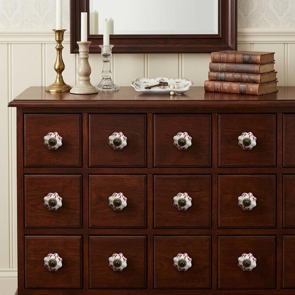 Set of Twelve Burgundy White And Copper Floral Ceramic Drawer Pull Knobs HomeRoots