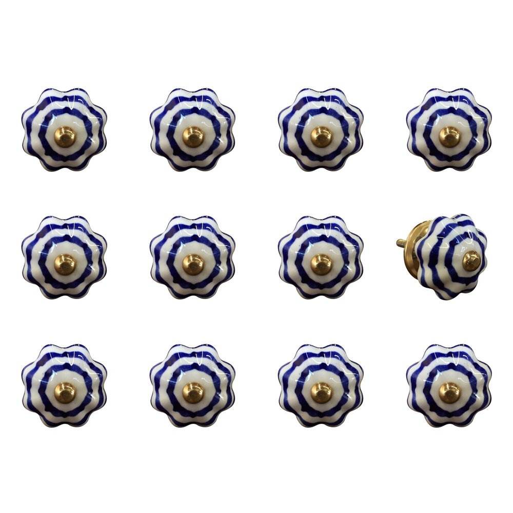 Set of Twelve Blue White And Copper Floral Ceramic Drawer Pull Knobs HomeRoots