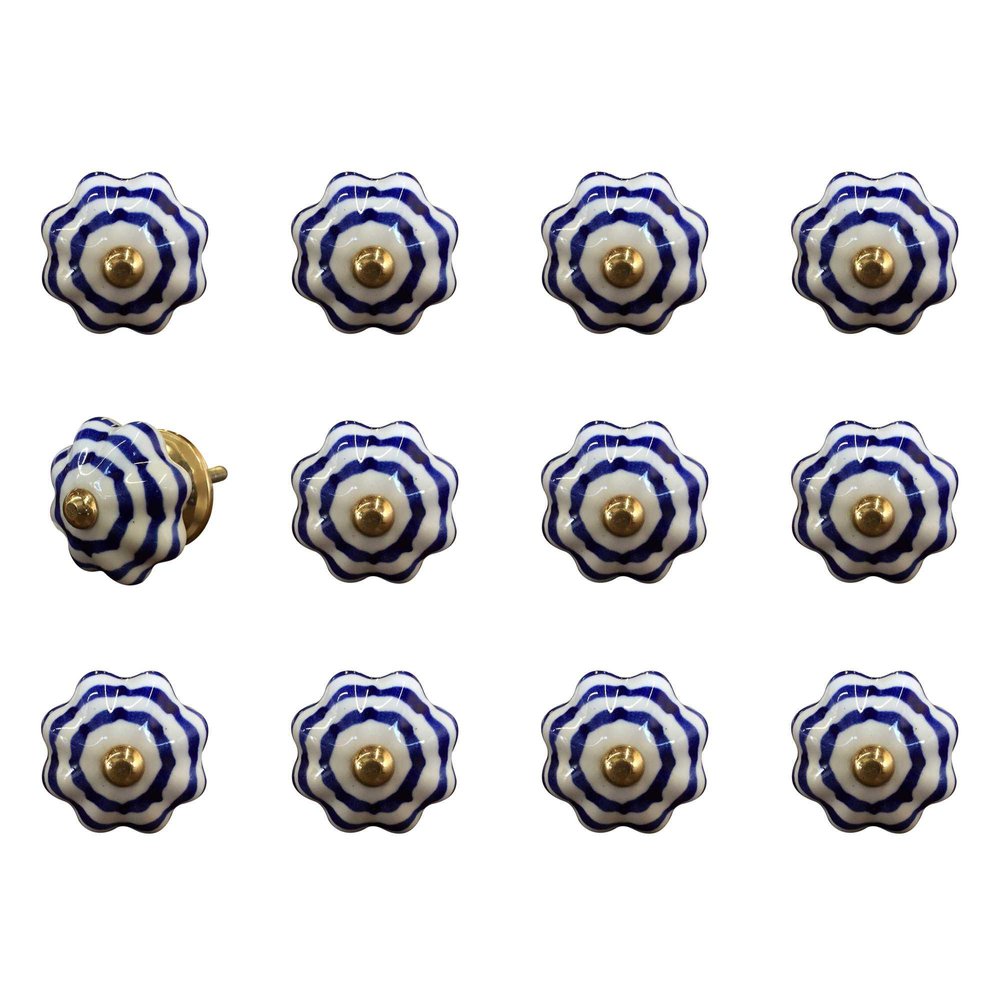 Set of Twelve Blue White And Copper Floral Ceramic Drawer Pull Knobs HomeRoots