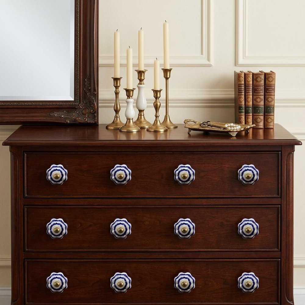 Set of Twelve Blue White And Copper Floral Ceramic Drawer Pull Knobs HomeRoots