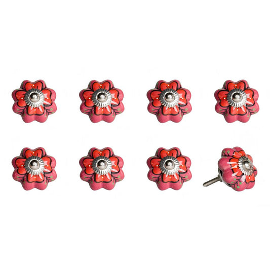 Set of Eight Red Pink And Green Floral Ceramic Drawer Pull Knobs HomeRoots