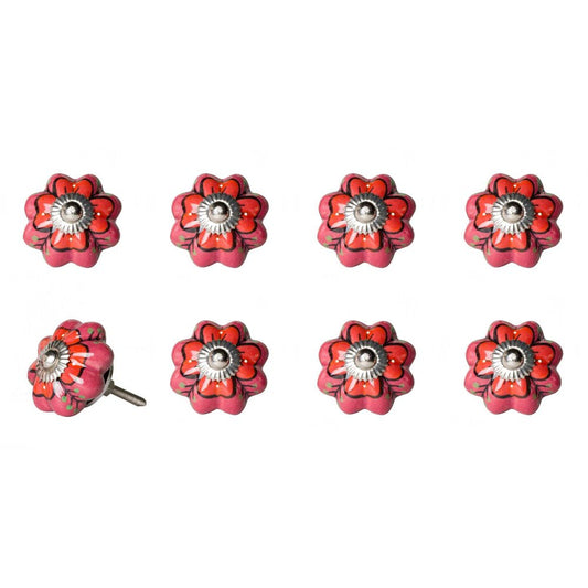 Set of Eight Red Pink And Green Floral Ceramic Drawer Pull Knobs HomeRoots