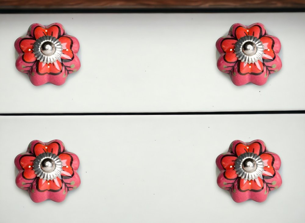 Set of Eight Red Pink And Green Floral Ceramic Drawer Pull Knobs HomeRoots