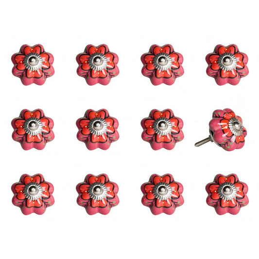 Set of Twelve Red Pink And Green Floral Ceramic Drawer Pull Knobs HomeRoots