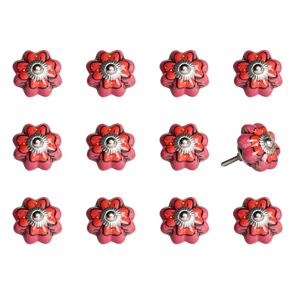 Set of Twelve Red Pink And Green Floral Ceramic Drawer Pull Knobs HomeRoots