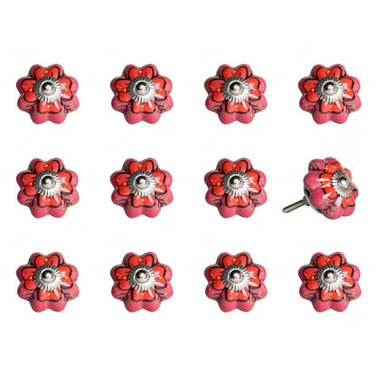 Set of Twelve Red Pink And Green Floral Ceramic Drawer Pull Knobs HomeRoots