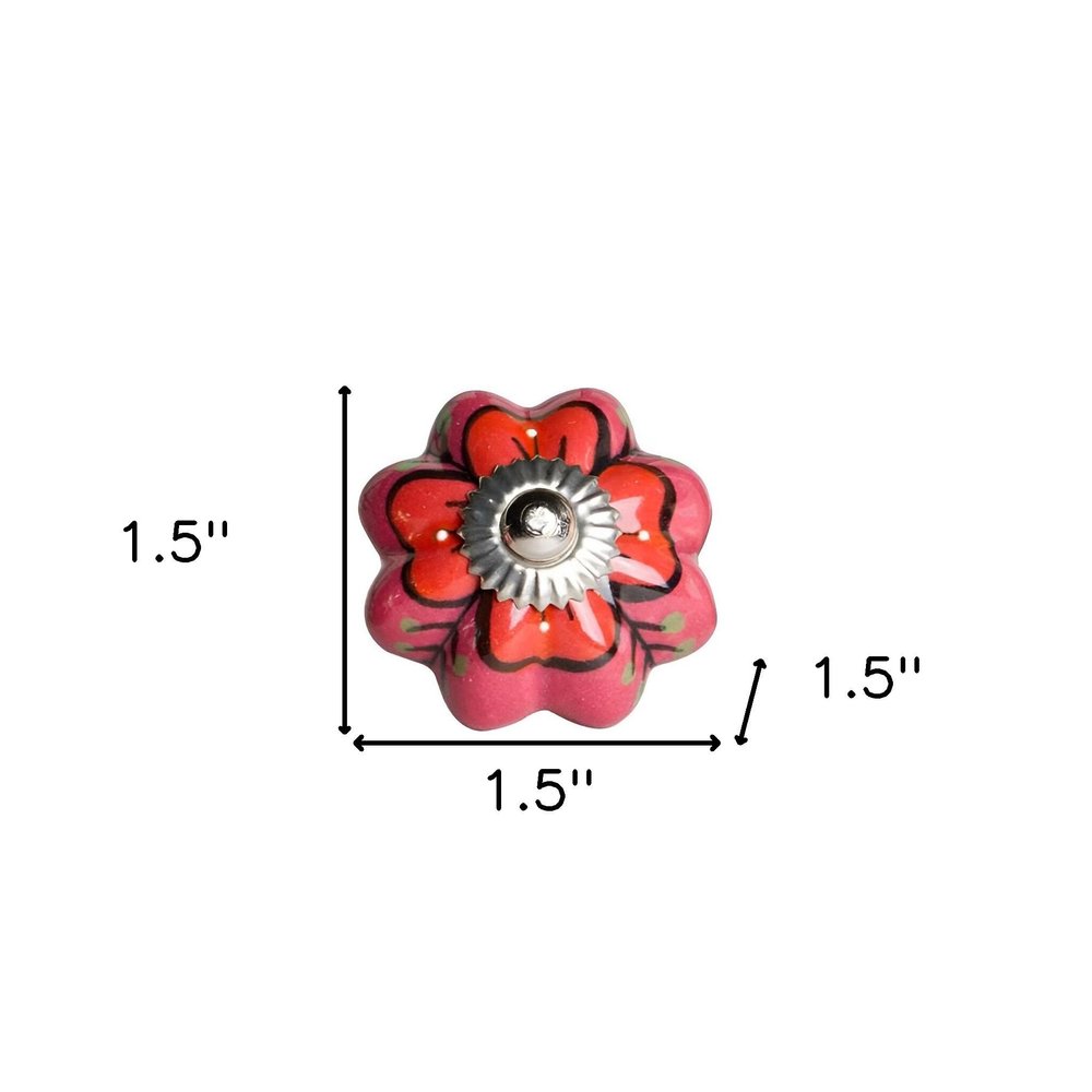 Set of Twelve Red Pink And Green Floral Ceramic Drawer Pull Knobs HomeRoots