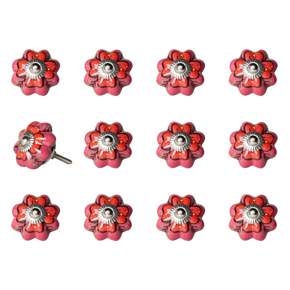 Set of Twelve Red Pink And Green Floral Ceramic Drawer Pull Knobs HomeRoots