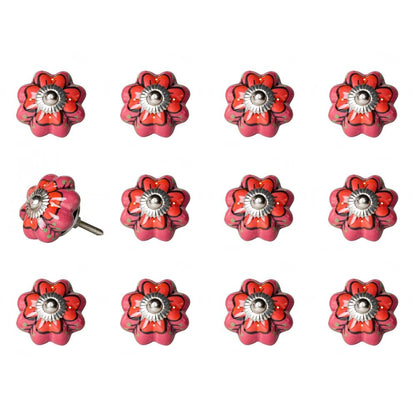Set of Twelve Red Pink And Green Floral Ceramic Drawer Pull Knobs HomeRoots