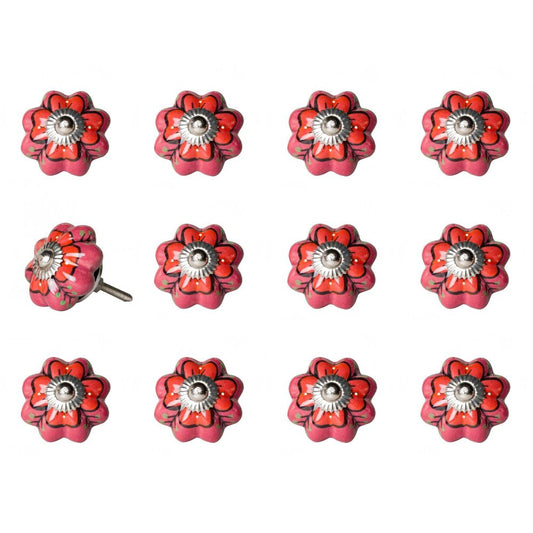 Set of Twelve Red Pink And Green Floral Ceramic Drawer Pull Knobs HomeRoots