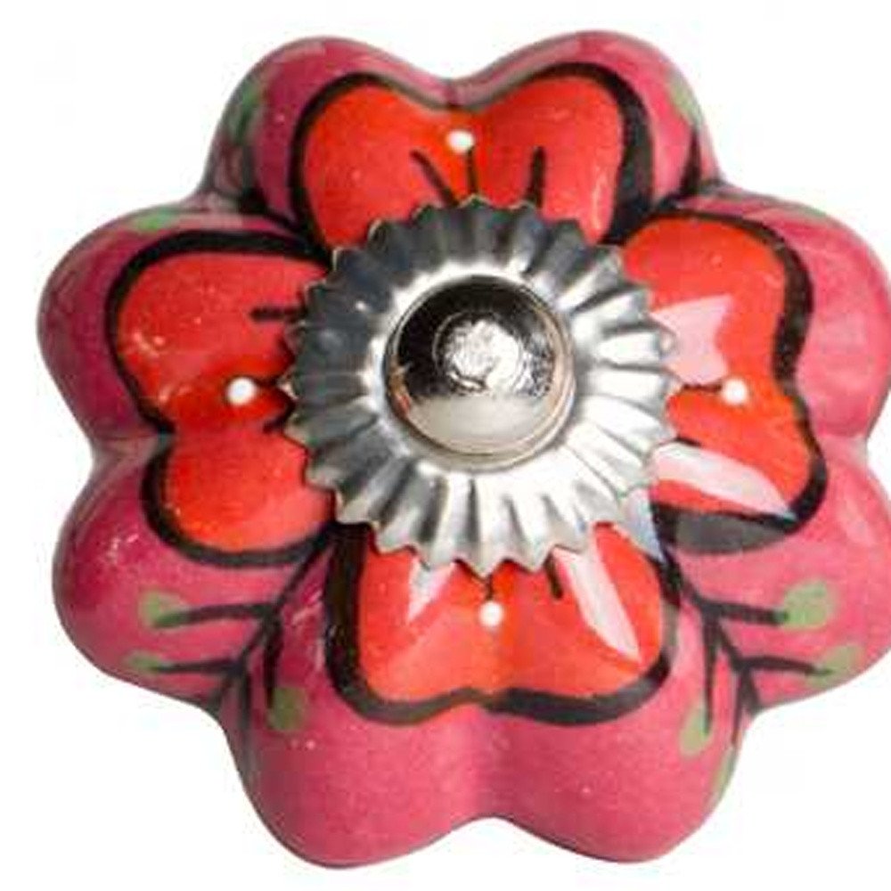 Set of Twelve Red Pink And Green Floral Ceramic Drawer Pull Knobs HomeRoots